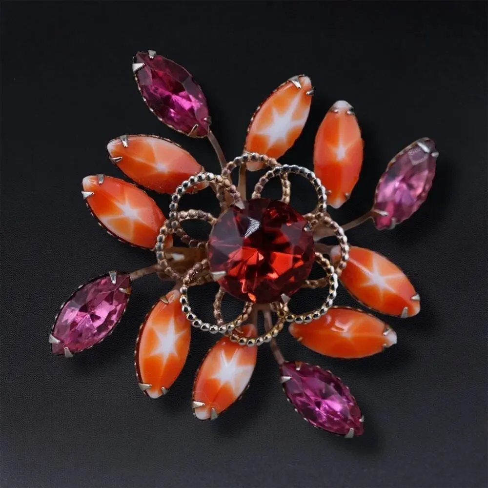 Vintage Atomic Starburst Brooch Orange Pink Rhinestone 2 in‎ MCM Retro Statement
